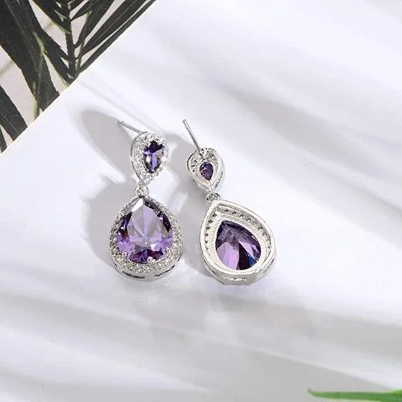 18k Plated Amethyst Teardrop CZ Crystal Cubic Zircon Rhinestone Necklace Earring - Picture 6 of 6
